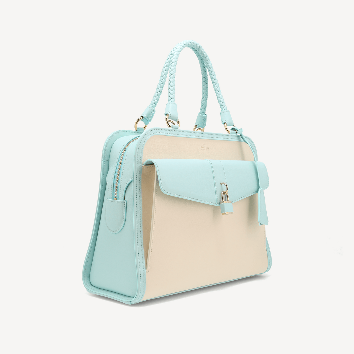Bel-Air Handbag - Blue and white Calf (Polished Brass) - Swaine Group Ltd