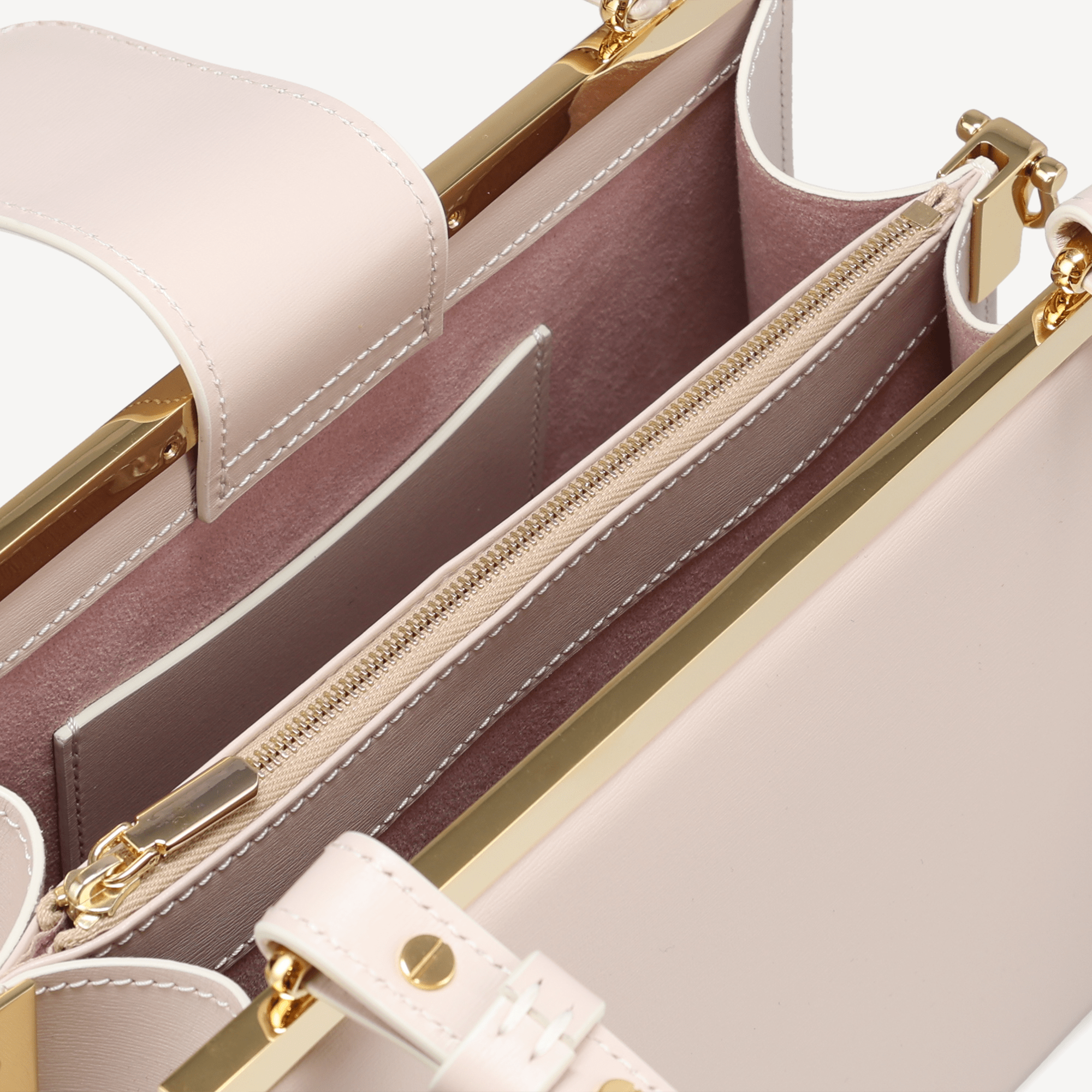 Margot Handbag - Beige Calf (Dusty Pink Alcantara/Polished Brass) - Swaine Group Ltd