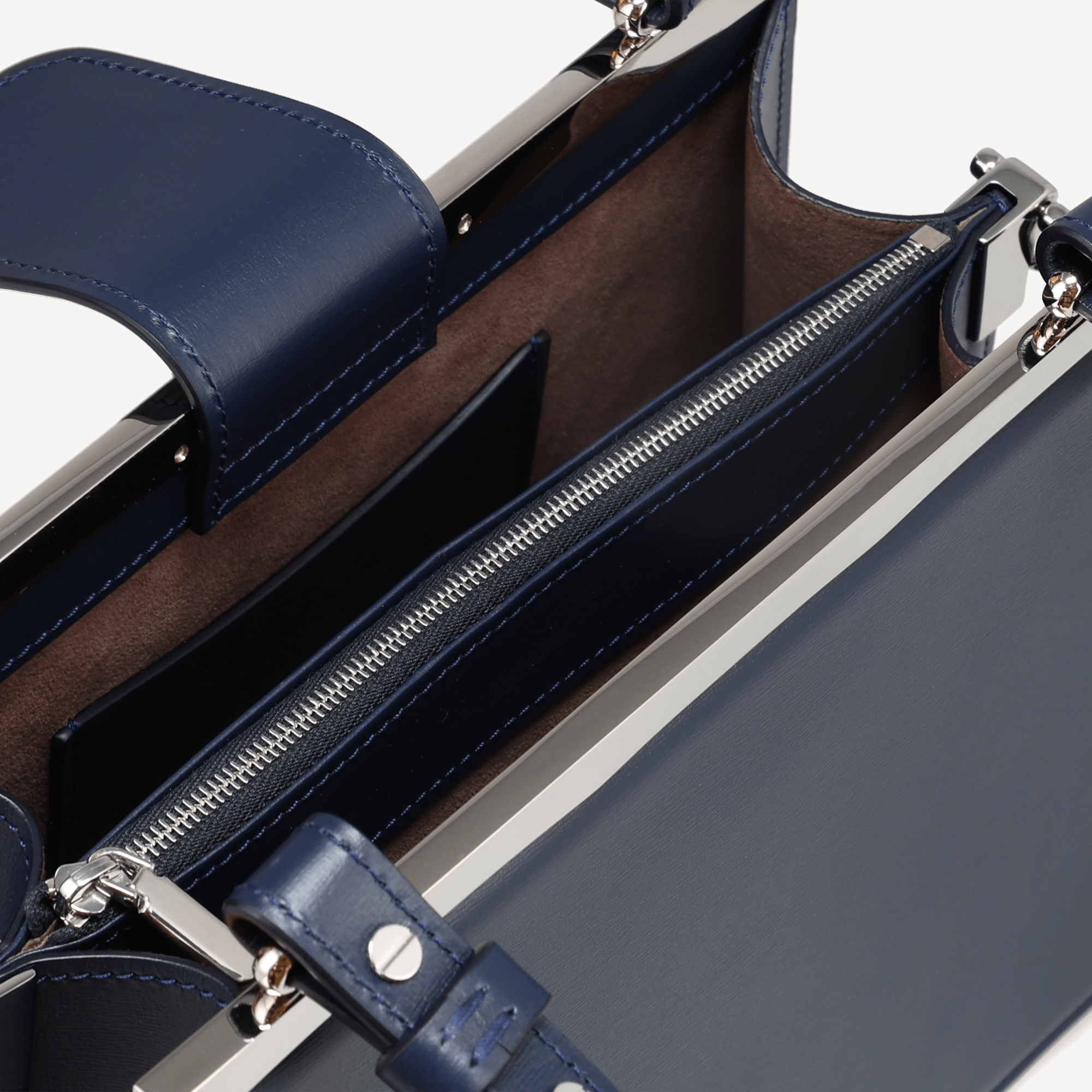 Margot Handbag - Navy Calf (Praline Alcantara/Polished Palladium) - Swaine Group Ltd