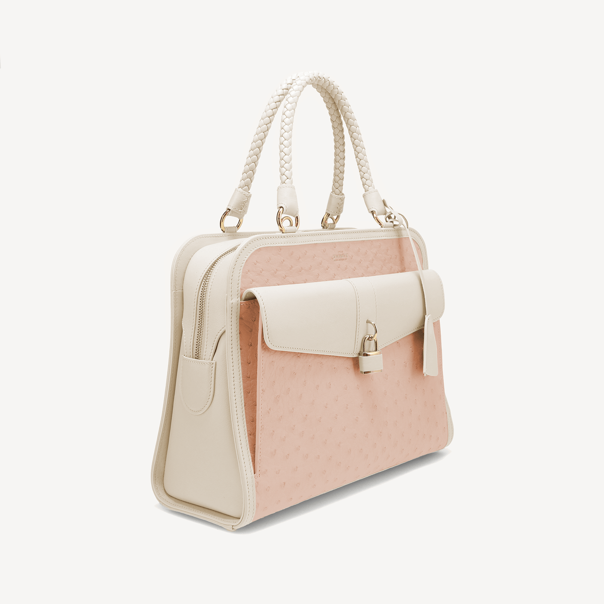 Bel-Air Handbag - Ostrich Leather (Polished Brass) Pink and white - Swaine Group Ltd