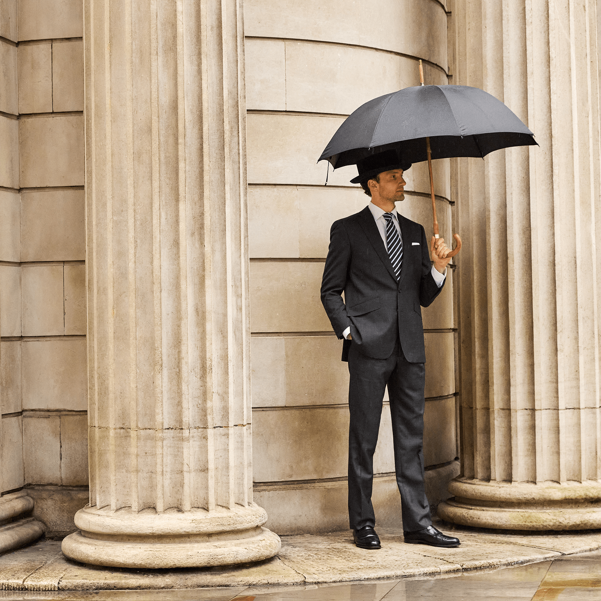Men's Polished Chestnut Umbrella - French Navy - Swaine Group Ltd