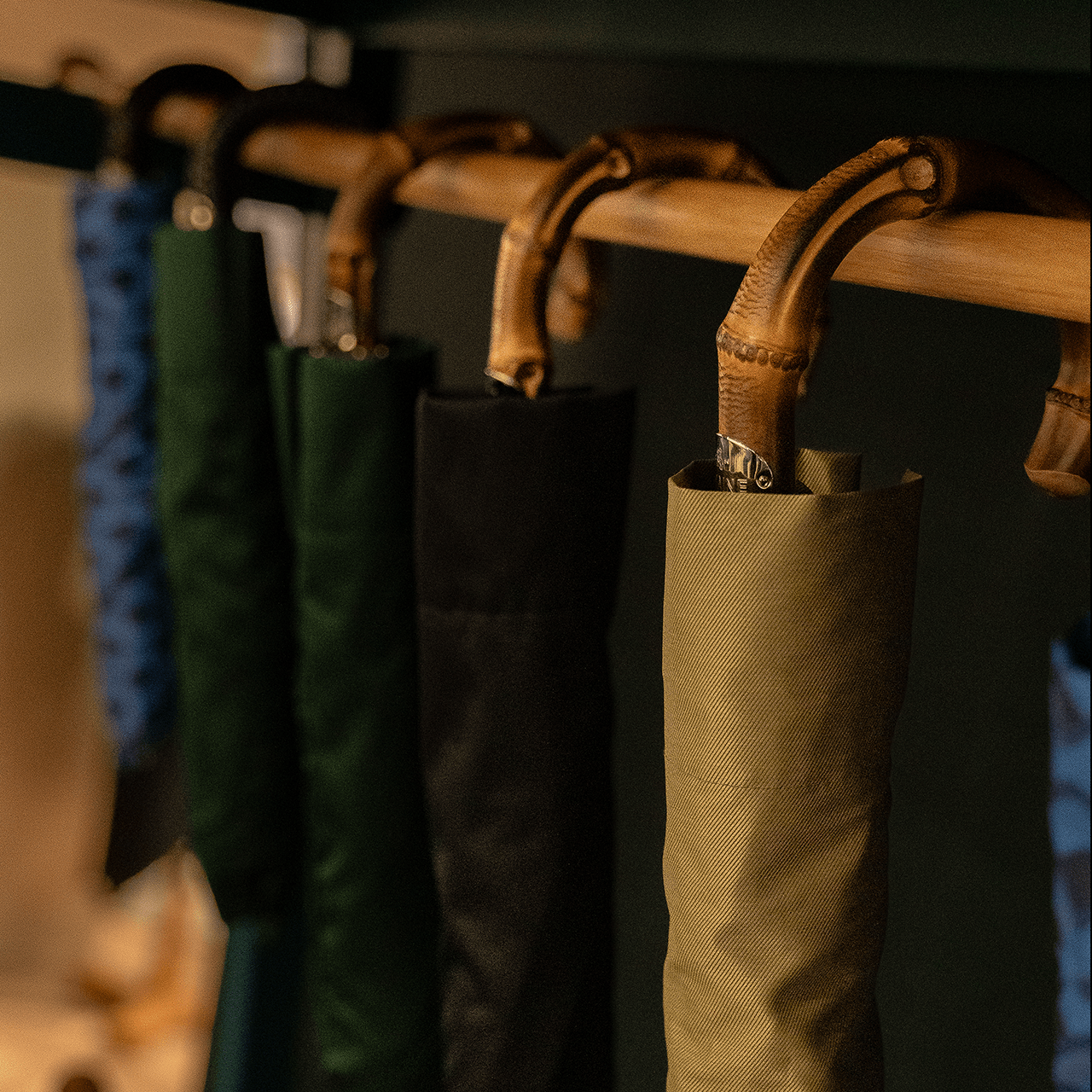 Collapsible Umbrella Chestnut Handle Monogram Print - Blue - Swaine Group Ltd